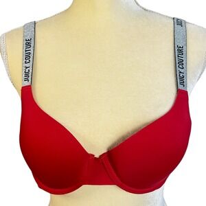 Juicy Couture Push‎ Up Bra Sparkle Logo Straps Red Lingerie Size 36B Solid